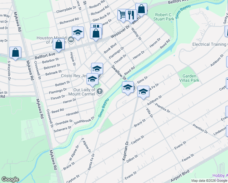 map of restaurants, bars, coffee shops, grocery stores, and more near 6816 Reed Road in Houston