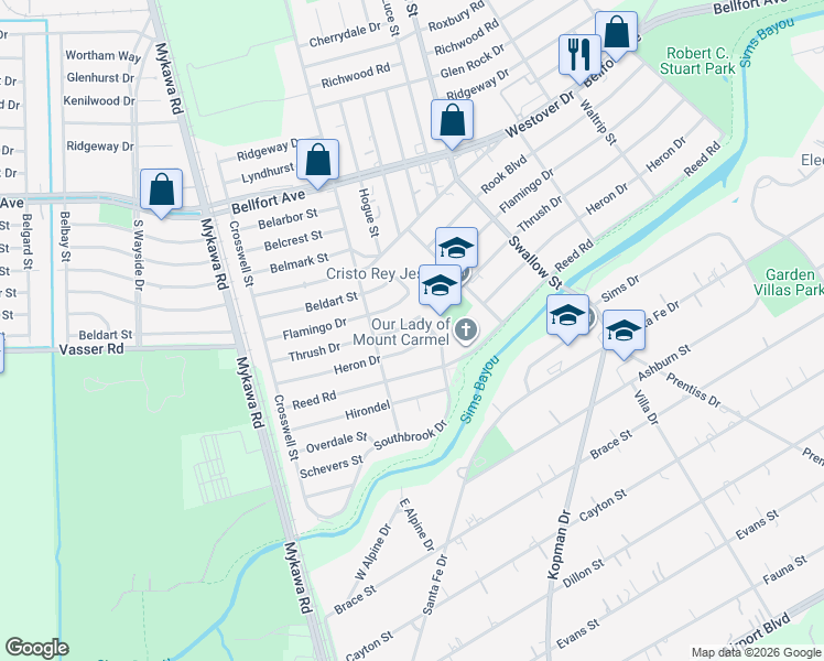 map of restaurants, bars, coffee shops, grocery stores, and more near 6638 Thrush Drive in Houston