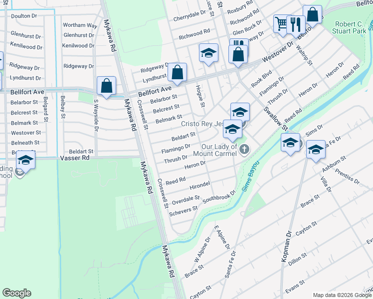 map of restaurants, bars, coffee shops, grocery stores, and more near 6503 Flamingo Drive in Houston