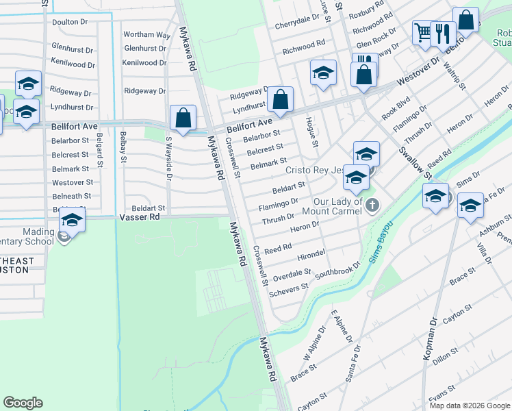 map of restaurants, bars, coffee shops, grocery stores, and more near 6202 Beldart Street in Houston