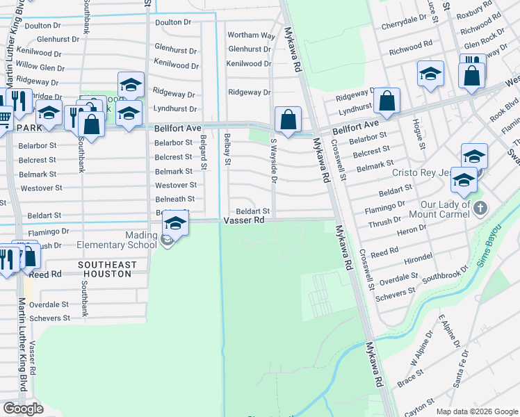 map of restaurants, bars, coffee shops, grocery stores, and more near 6035 Belneath Street in Houston