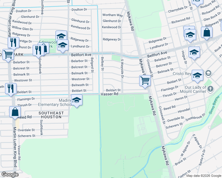map of restaurants, bars, coffee shops, grocery stores, and more near 6035 Belneath Street in Houston