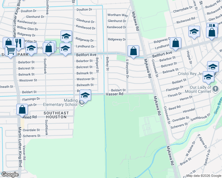 map of restaurants, bars, coffee shops, grocery stores, and more near 6002 Belneath Street in Houston