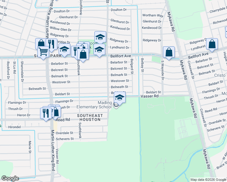 map of restaurants, bars, coffee shops, grocery stores, and more near 5910 Belneath Street in Houston