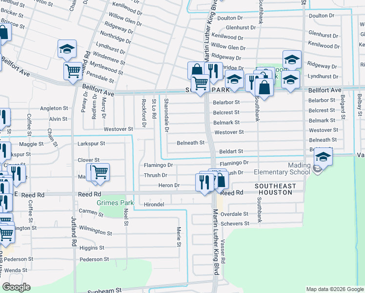 map of restaurants, bars, coffee shops, grocery stores, and more near 5611 Belneath Street in Houston