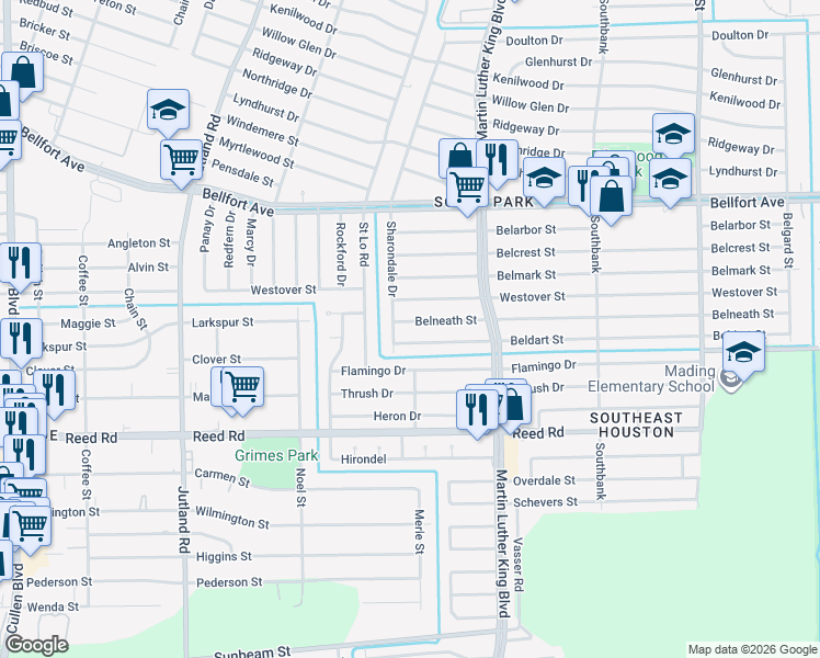 map of restaurants, bars, coffee shops, grocery stores, and more near 5611 Belneath Street in Houston