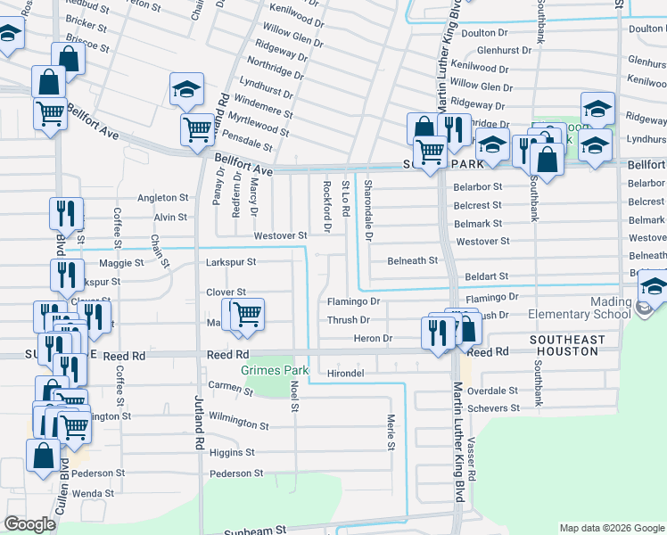 map of restaurants, bars, coffee shops, grocery stores, and more near 5414 Belneath Street in Houston