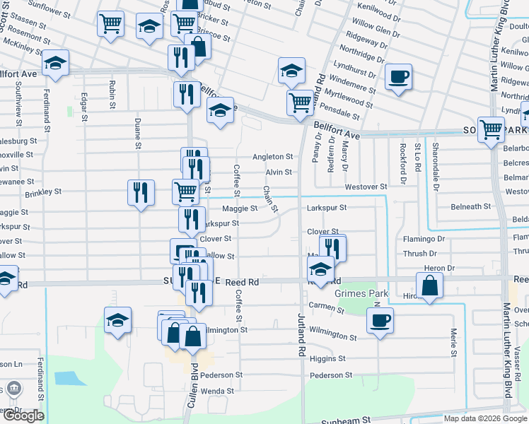 map of restaurants, bars, coffee shops, grocery stores, and more near 8921 Chain Street in Houston