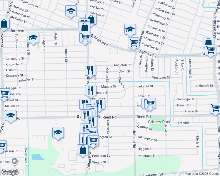 map of restaurants, bars, coffee shops, grocery stores, and more near 4813 Maggie Street in Houston