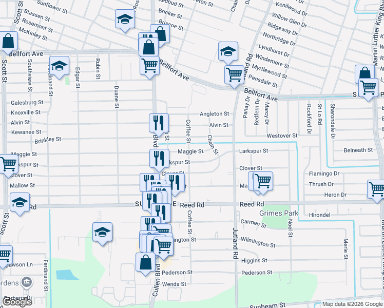 map of restaurants, bars, coffee shops, grocery stores, and more near 4813 Maggie Street in Houston