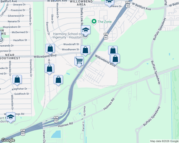 map of restaurants, bars, coffee shops, grocery stores, and more near 3741 Main Poplar Drive in Houston