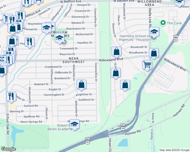 map of restaurants, bars, coffee shops, grocery stores, and more near 4309 Stillbrooke Drive in Houston
