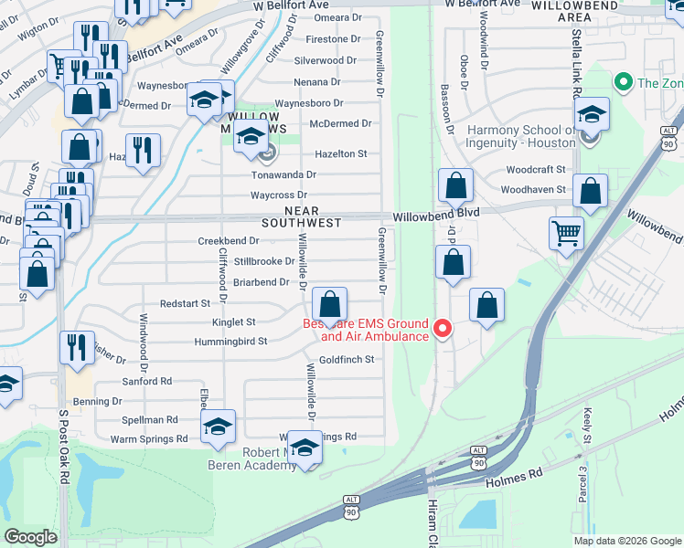 map of restaurants, bars, coffee shops, grocery stores, and more near 4405 Stillbrooke Drive in Houston
