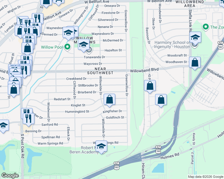 map of restaurants, bars, coffee shops, grocery stores, and more near 4405 Stillbrooke Drive in Houston