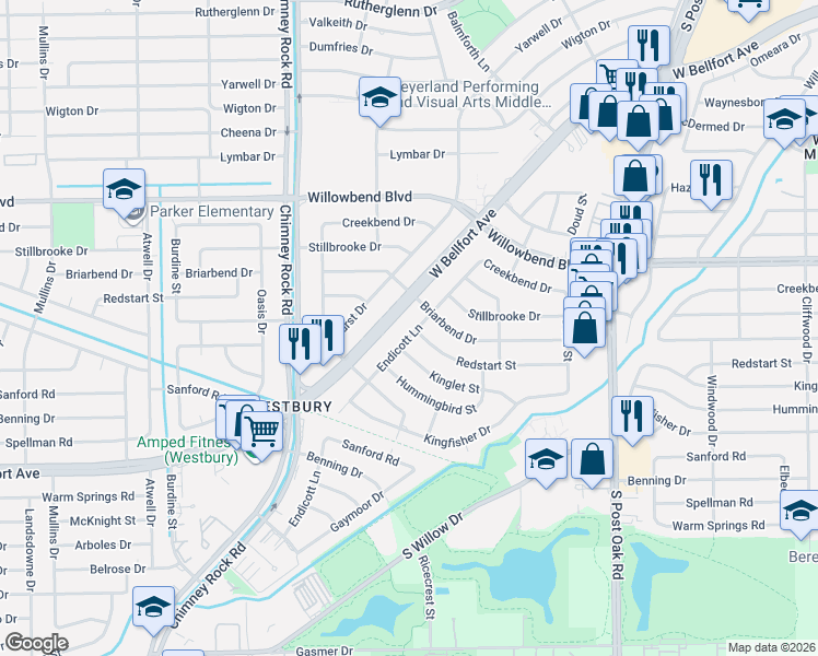 map of restaurants, bars, coffee shops, grocery stores, and more near 5211 West Bellfort Street in Houston