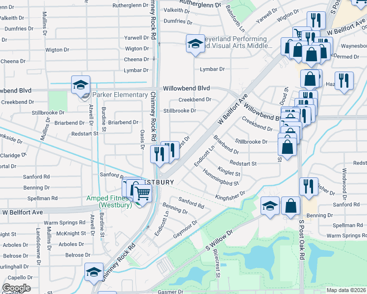 map of restaurants, bars, coffee shops, grocery stores, and more near 5226 West Bellfort Avenue in Houston