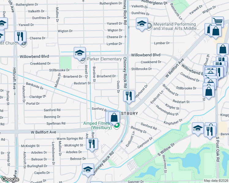 map of restaurants, bars, coffee shops, grocery stores, and more near 10826 Oasis Drive in Houston