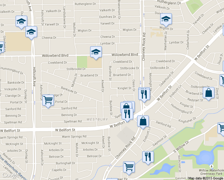 map of restaurants, bars, coffee shops, grocery stores, and more near 10827 Burdine Street in Houston
