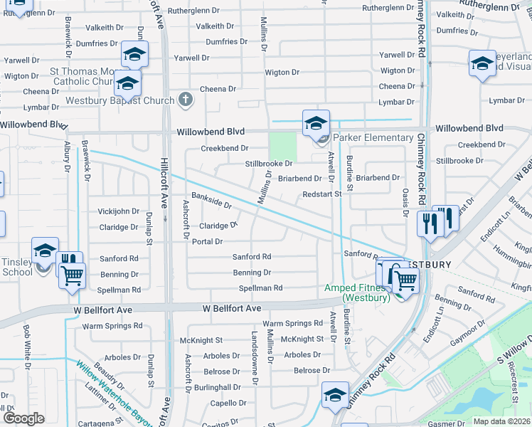 map of restaurants, bars, coffee shops, grocery stores, and more near 5619 Hummingbird Street in Houston