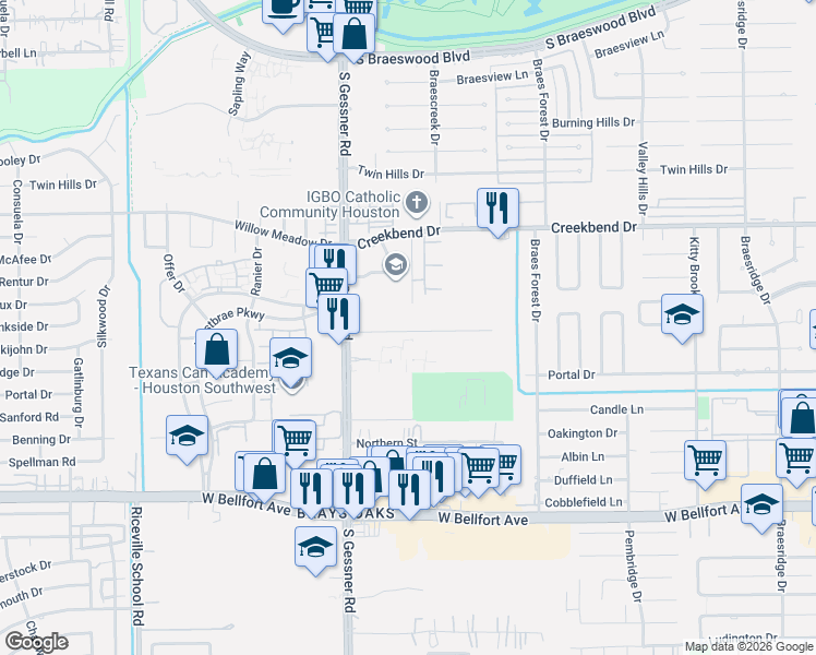 map of restaurants, bars, coffee shops, grocery stores, and more near 8506 Williams Lane in Houston