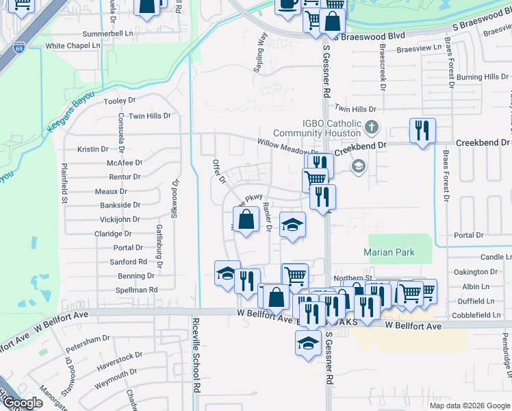 map of restaurants, bars, coffee shops, grocery stores, and more near 10802 Ranier Drive in Houston
