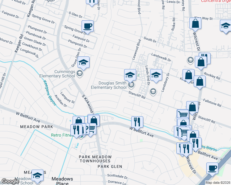 map of restaurants, bars, coffee shops, grocery stores, and more near 11406 Stancliff Road in Houston