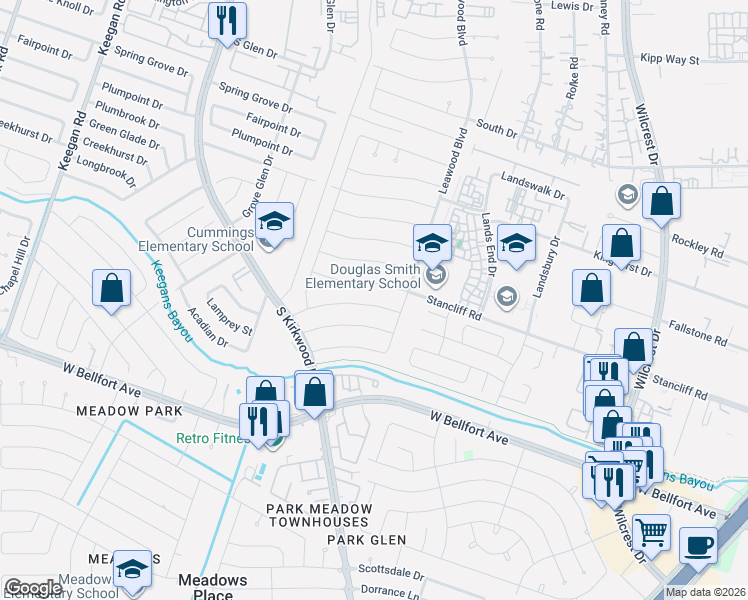 map of restaurants, bars, coffee shops, grocery stores, and more near 11503 Stancliff Road in Houston