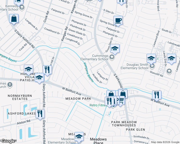 map of restaurants, bars, coffee shops, grocery stores, and more near 10819 Nobility Drive in Houston