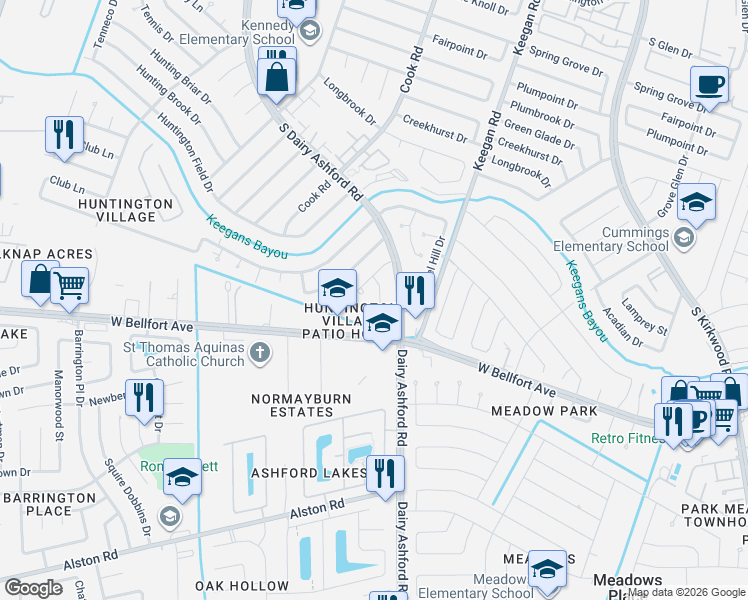 map of restaurants, bars, coffee shops, grocery stores, and more near 10734 Beckfield Drive in Houston
