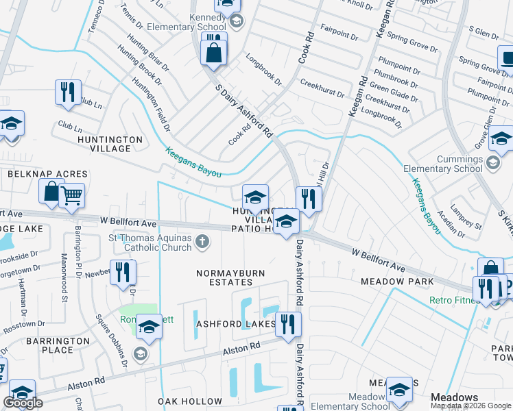 map of restaurants, bars, coffee shops, grocery stores, and more near 10701-10799 Cobbleskill Ln in Houston