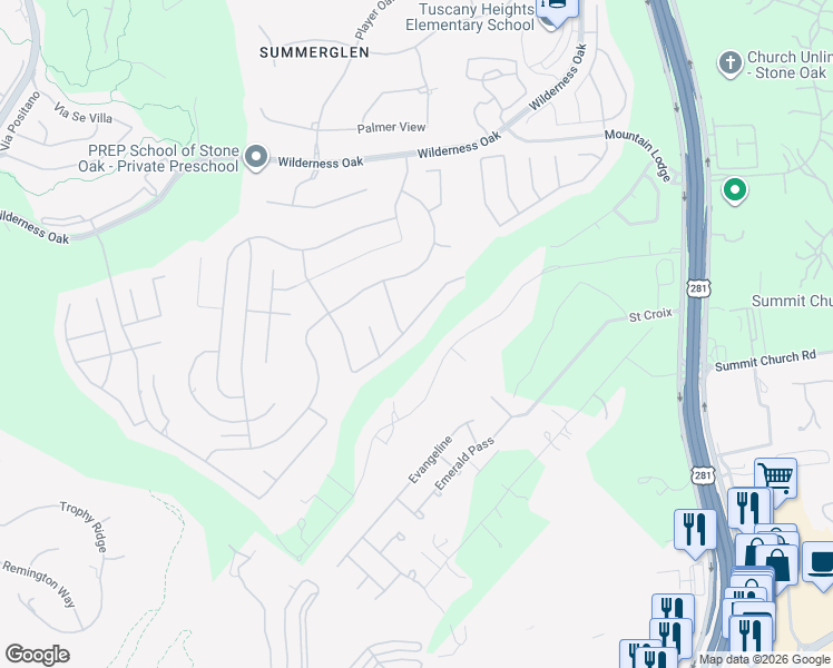map of restaurants, bars, coffee shops, grocery stores, and more near 23708 Red Eagle in San Antonio