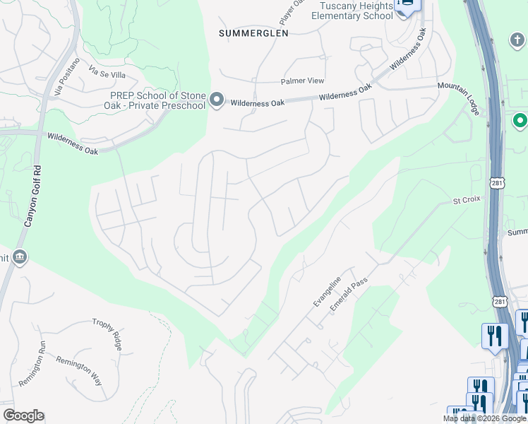 map of restaurants, bars, coffee shops, grocery stores, and more near 23719 Alpine Ridge in San Antonio