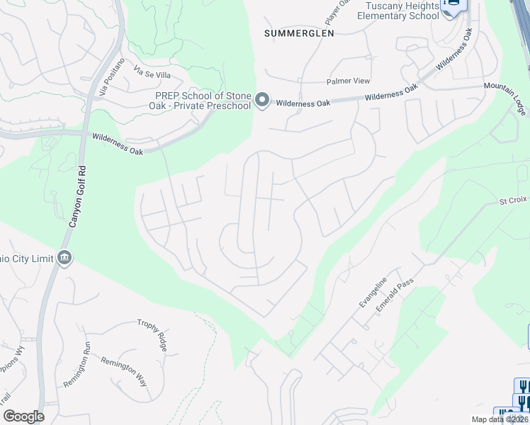 map of restaurants, bars, coffee shops, grocery stores, and more near 23730 Misty Peak in San Antonio