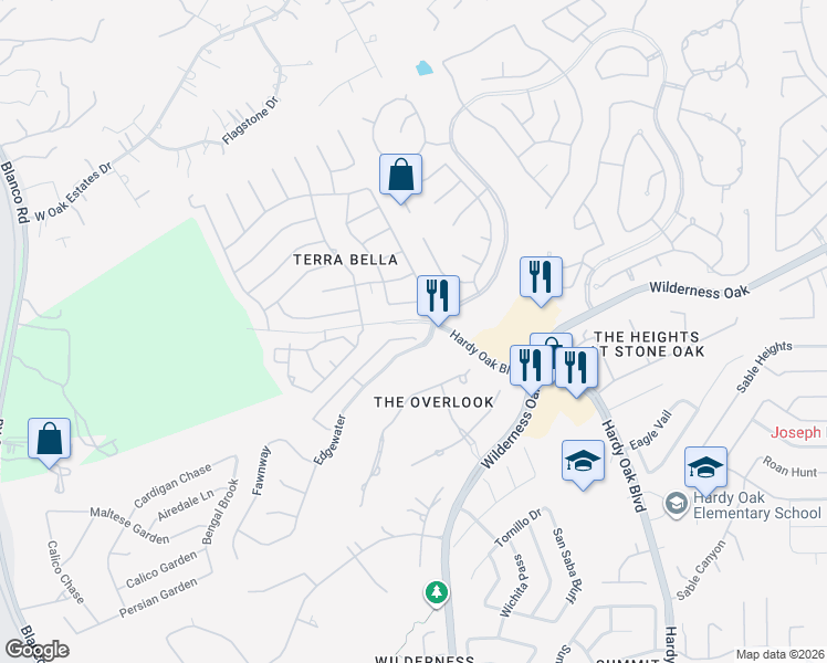 map of restaurants, bars, coffee shops, grocery stores, and more near 23135 Osprey Ridge in San Antonio