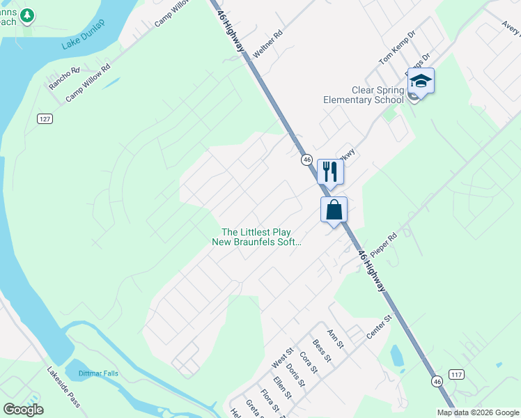 map of restaurants, bars, coffee shops, grocery stores, and more near 174 Texas Thistle in New Braunfels