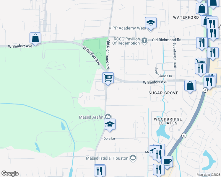 map of restaurants, bars, coffee shops, grocery stores, and more near 15935 Old Richmond Road in Sugar Land