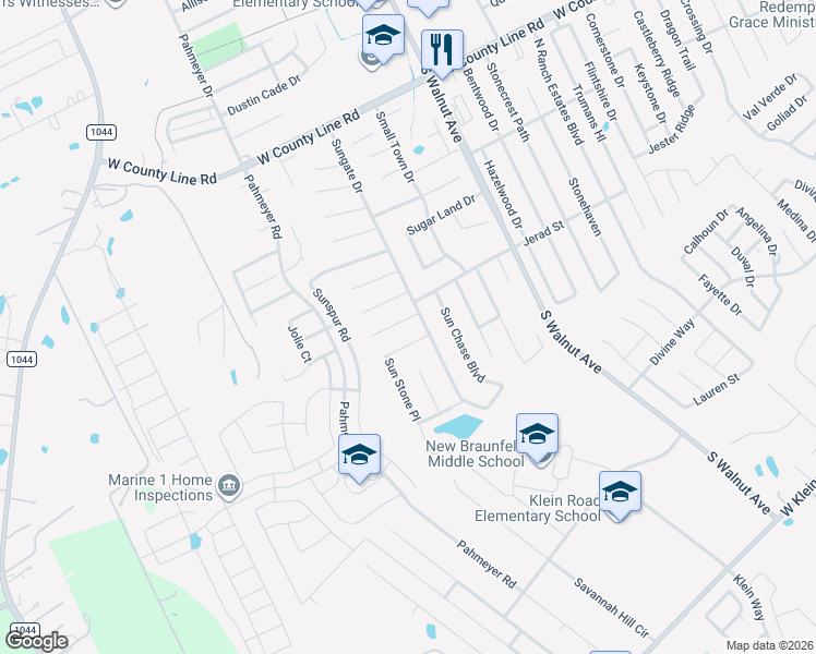 map of restaurants, bars, coffee shops, grocery stores, and more near 2217 Sungate Drive in New Braunfels