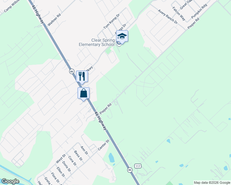 map of restaurants, bars, coffee shops, grocery stores, and more near 1221 Pieper Road in New Braunfels