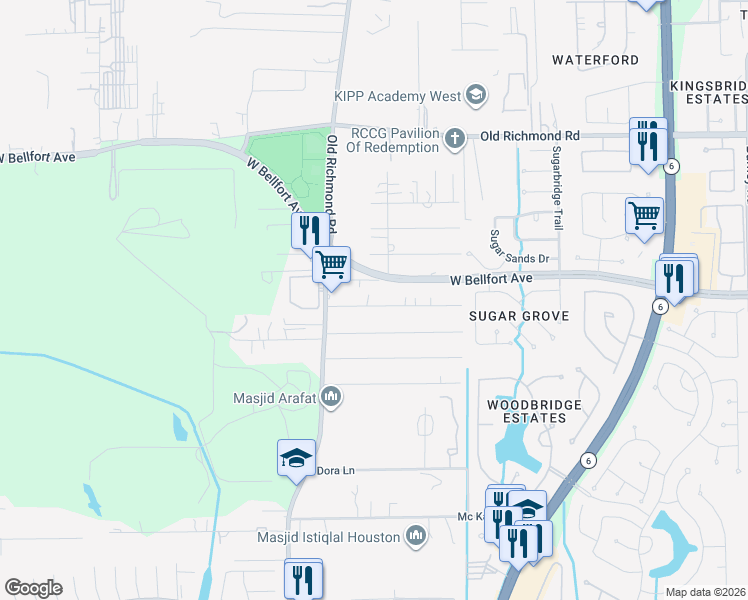 map of restaurants, bars, coffee shops, grocery stores, and more near 15323 Martinez Street in Sugar Land