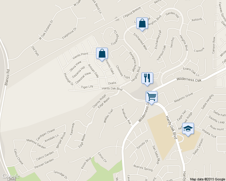 map of restaurants, bars, coffee shops, grocery stores, and more near 23135 Osprey Ridge in San Antonio