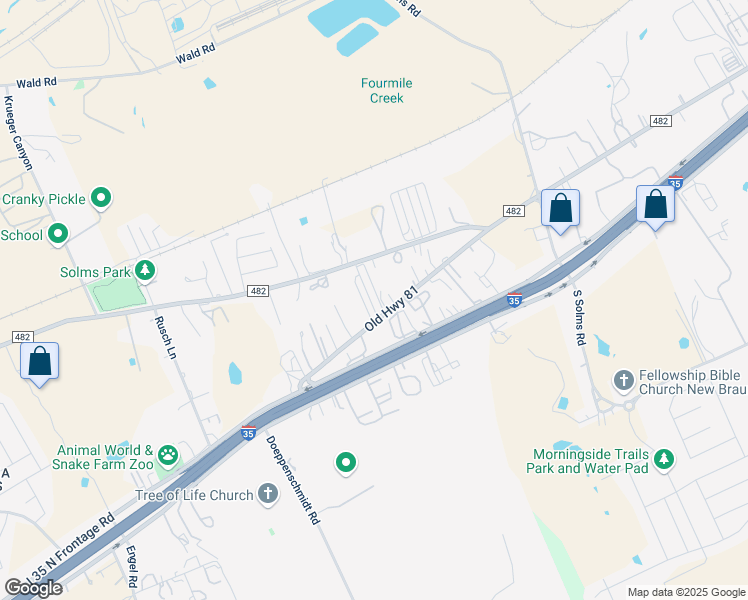 map of restaurants, bars, coffee shops, grocery stores, and more near 50-62 Old Highway 81 in New Braunfels