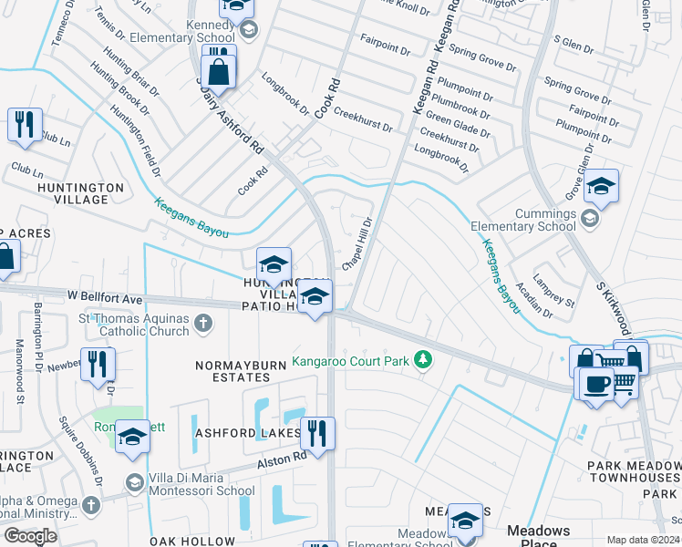 map of restaurants, bars, coffee shops, grocery stores, and more near 10655 Chapel Hill Drive in Houston