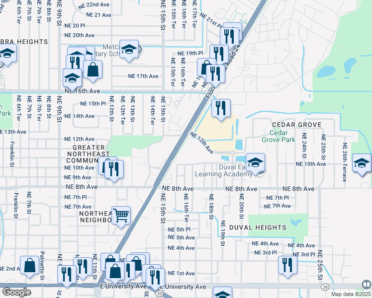 map of restaurants, bars, coffee shops, grocery stores, and more near Waldo Road Greenway-Depot Avenue Rail-Trail in Gainesville