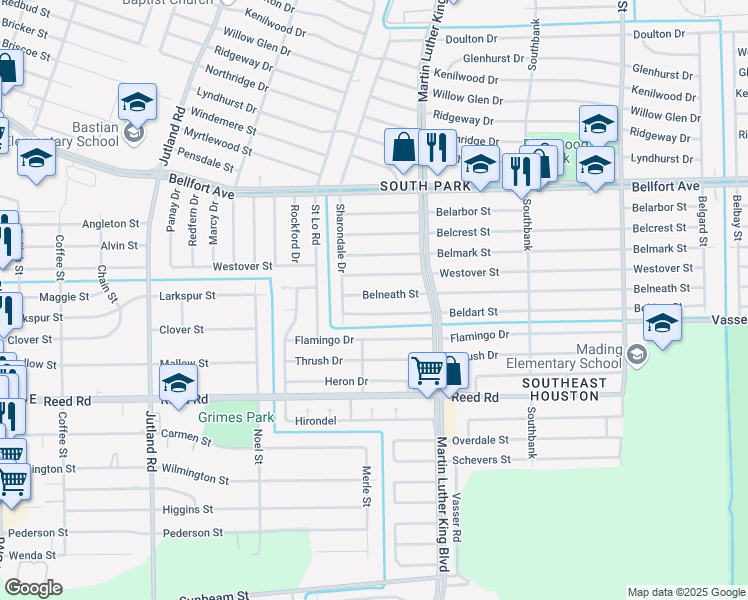 map of restaurants, bars, coffee shops, grocery stores, and more near 5626 Belneath Street in Houston