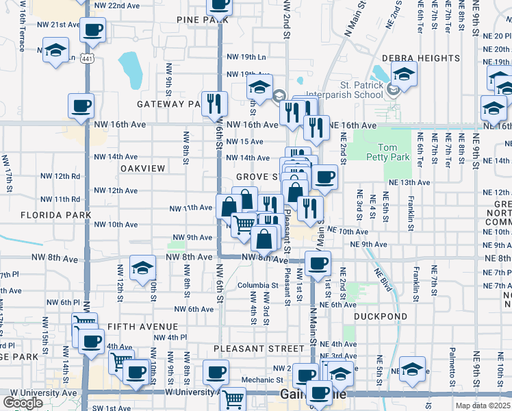 map of restaurants, bars, coffee shops, grocery stores, and more near 1114 Northwest 4th Street in Gainesville