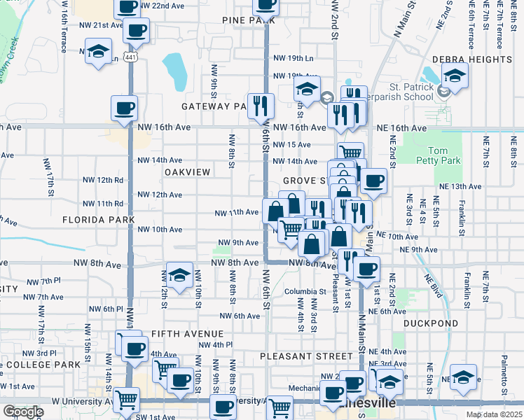 map of restaurants, bars, coffee shops, grocery stores, and more near 1121 Florida 20 in Gainesville