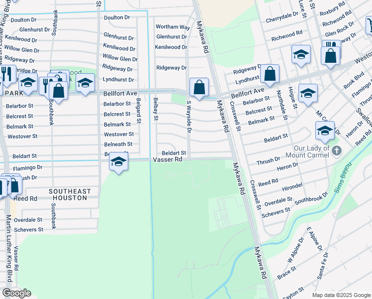 map of restaurants, bars, coffee shops, grocery stores, and more near 6106 Westover Street in Houston