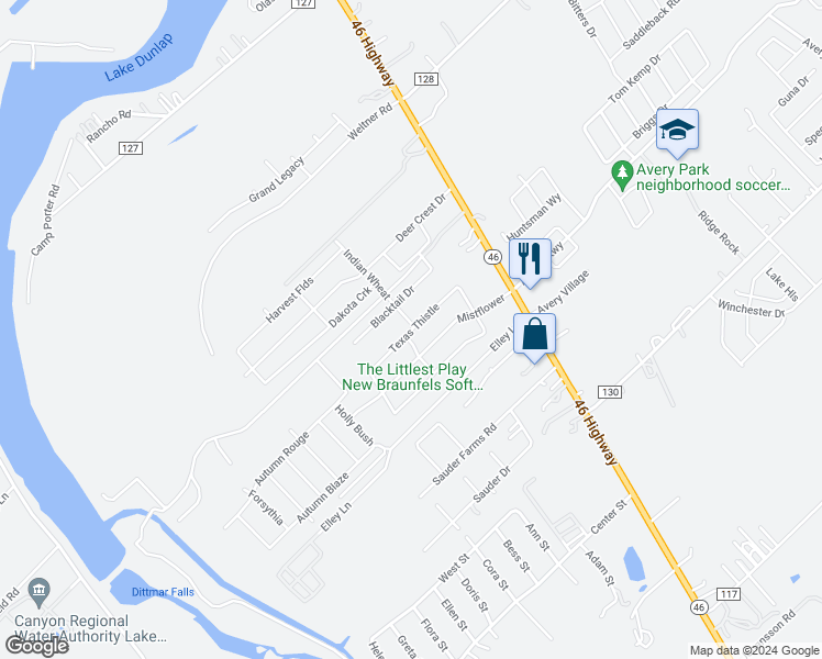 map of restaurants, bars, coffee shops, grocery stores, and more near Texas Thistle in New Braunfels
