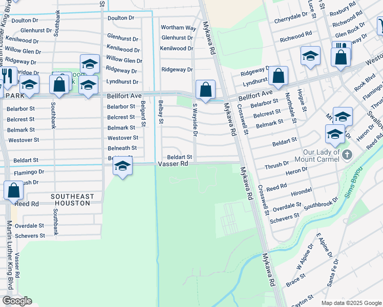 map of restaurants, bars, coffee shops, grocery stores, and more near 6106 Westover Street in Houston