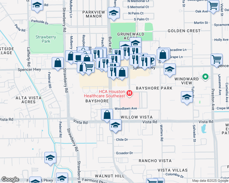 map of restaurants, bars, coffee shops, grocery stores, and more near 3219 Burke Road in Pasadena